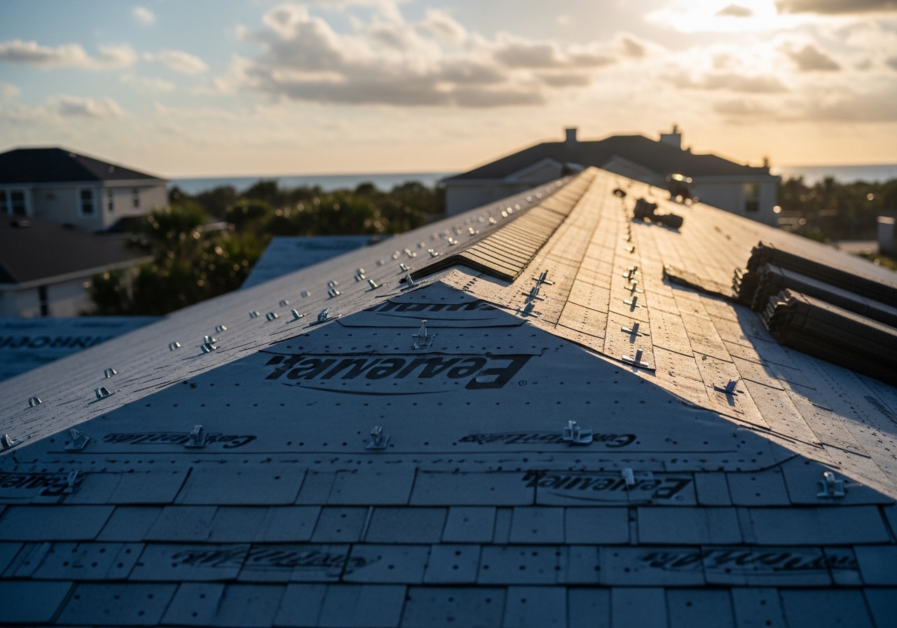 Roof overlay installation on coastal home in Panama City with reinforced edge details and wind-resistant fastening