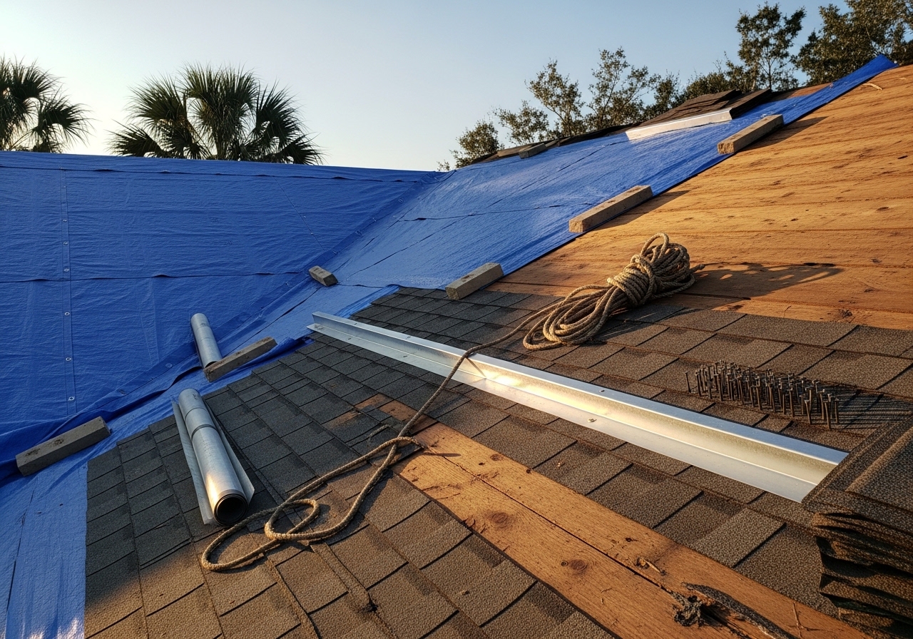 Emergency tarping and roof repair on storm-damaged home in St. Marks with temporary protection and permanent shingles