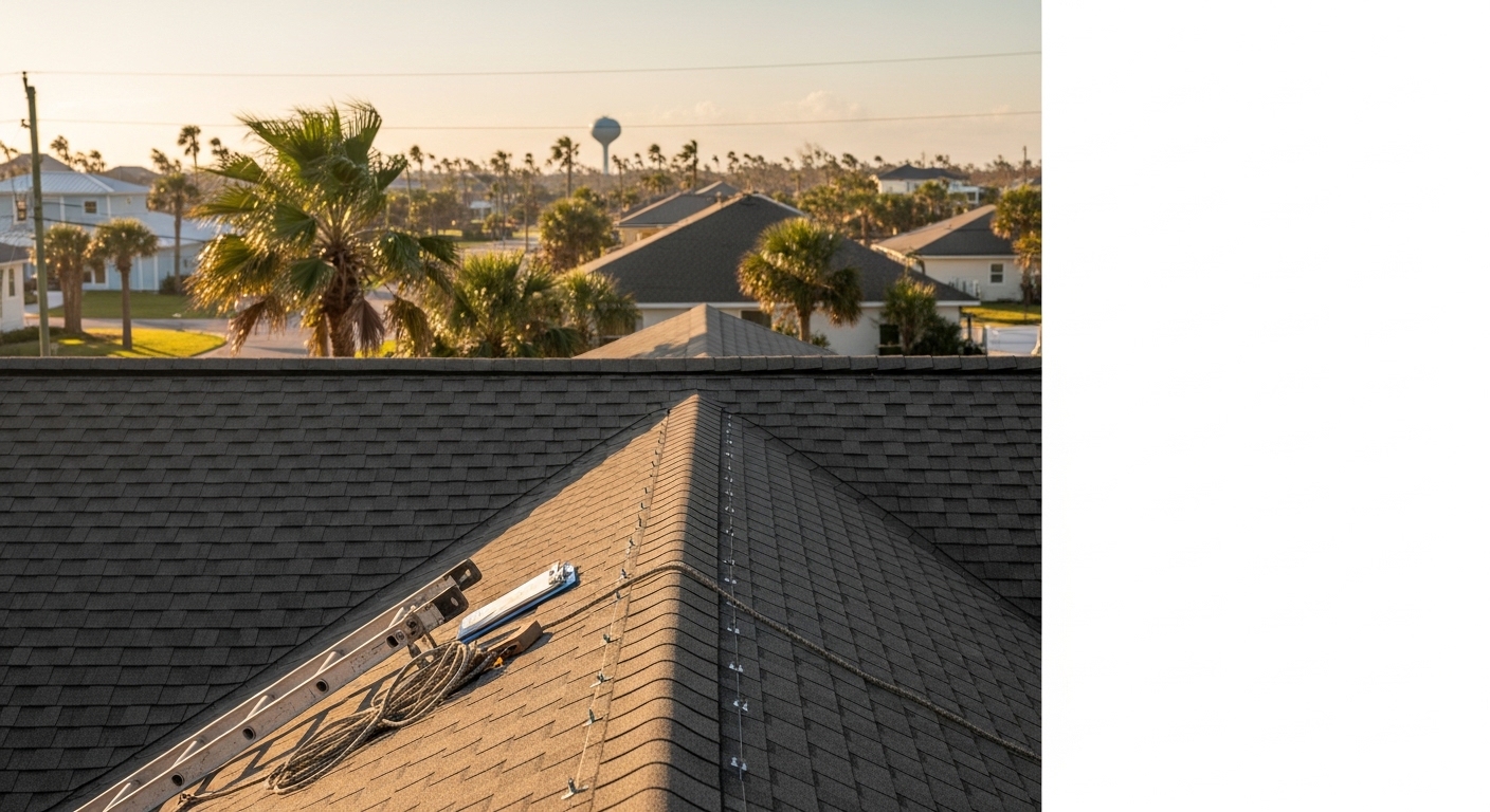 Coastal home roofing in Panama City with ocean view in distance and modern roof installation visible.