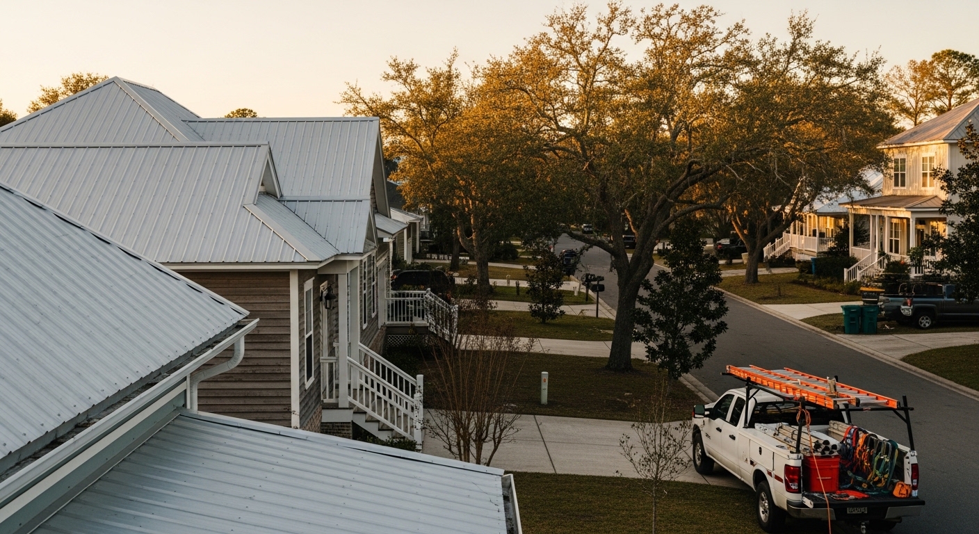 Rural residential roof in St George area with mature trees and clear sky visible.