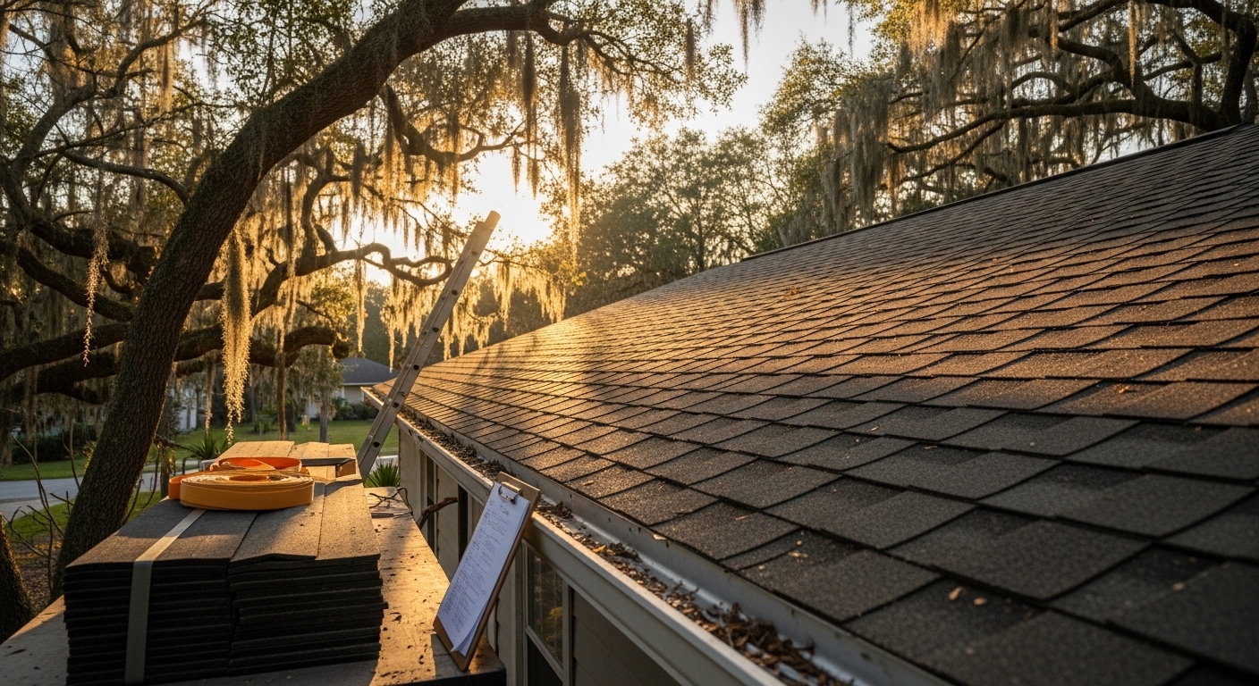 Residential roof in St Marks area with waterfront vegetation and natural landscape visible.