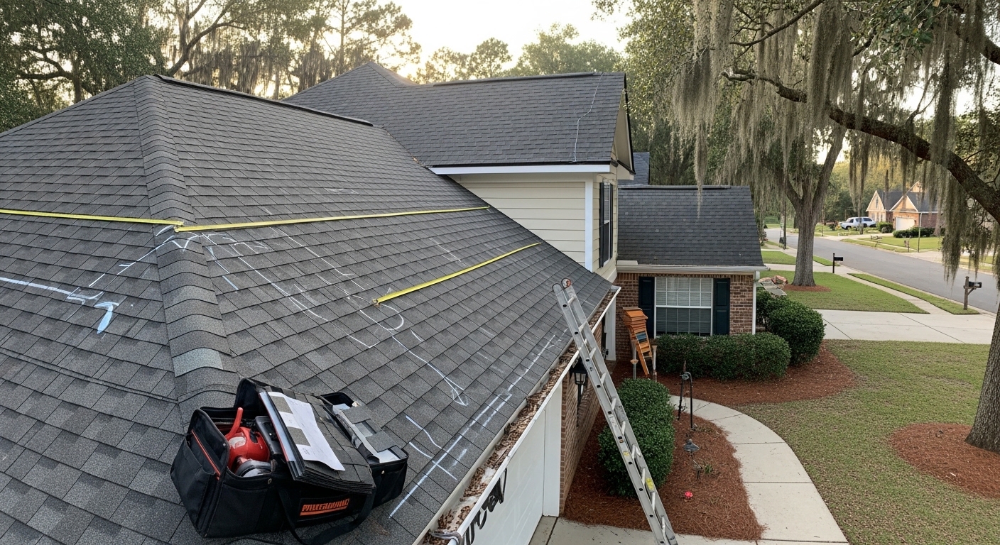 Residential roofing in Tallahassee showing pitched roof with quality shingles and clear sky above tree line.