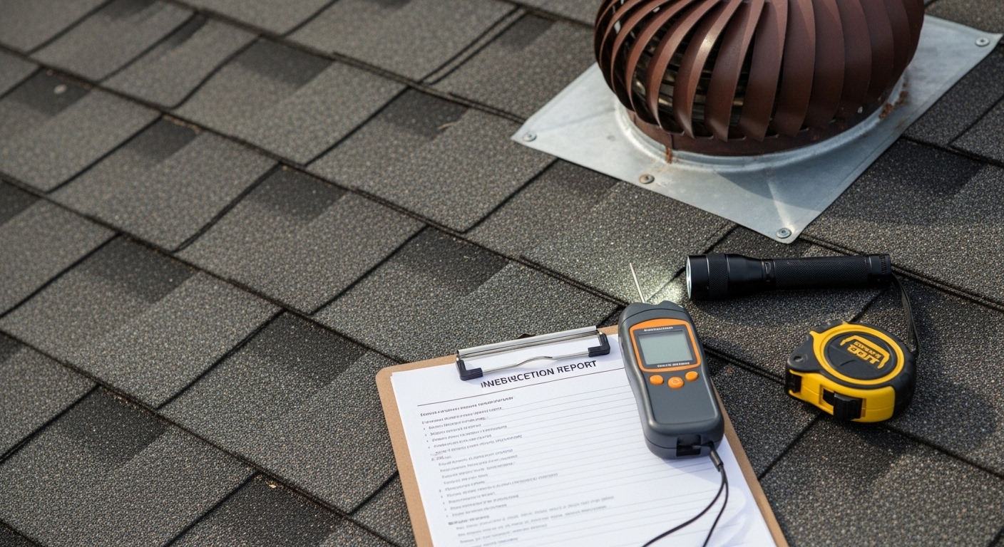 Roofing professional inspecting shingles and flashing on a residential roof in Tallahassee. Close-up view shows careful examination of roof condition and potential damage points.