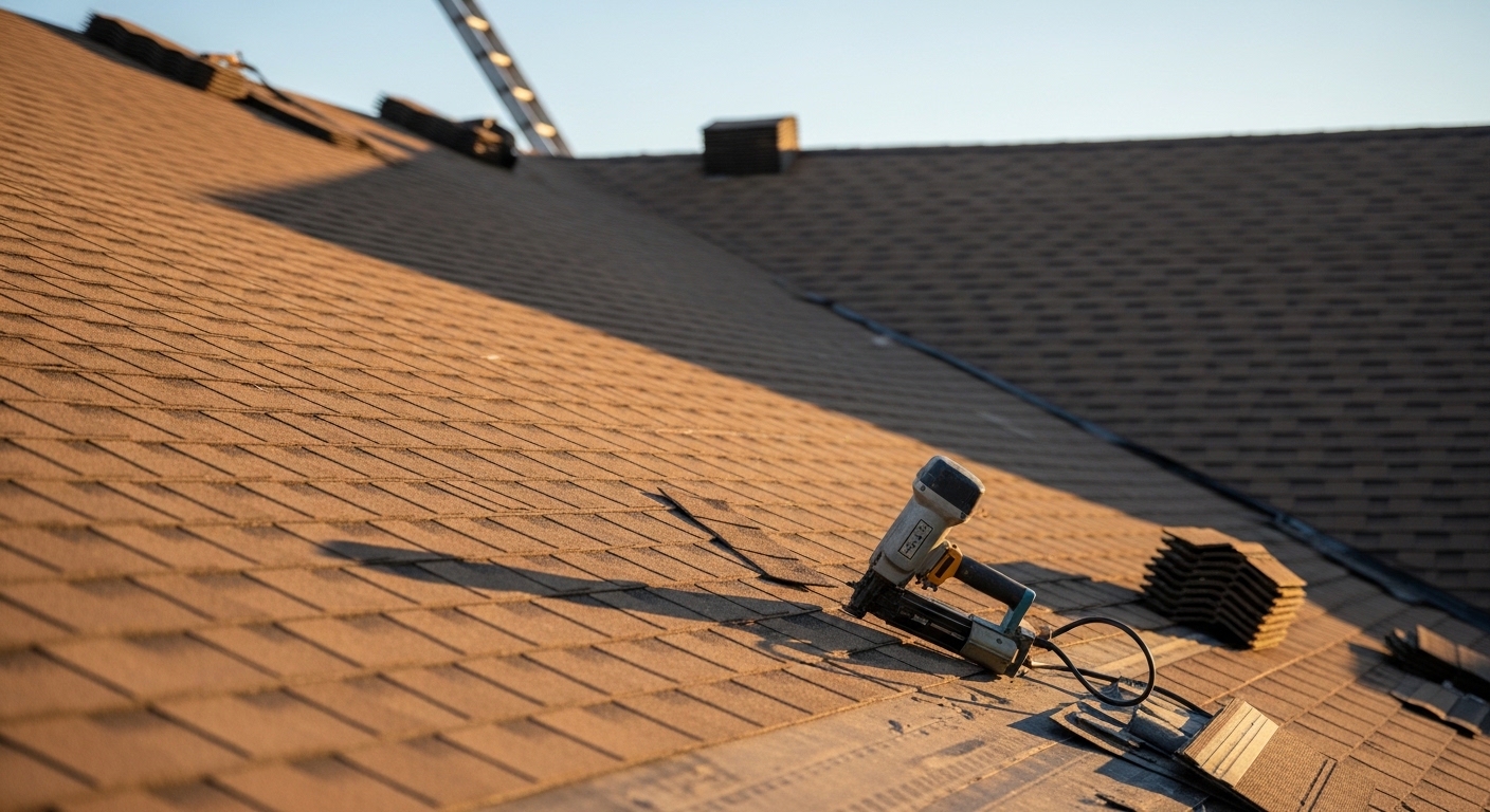 Close view of new asphalt shingles being installed over an existing roof layer on a Tallahassee home. The fresh shingles provide clean lines and restored weather protection.