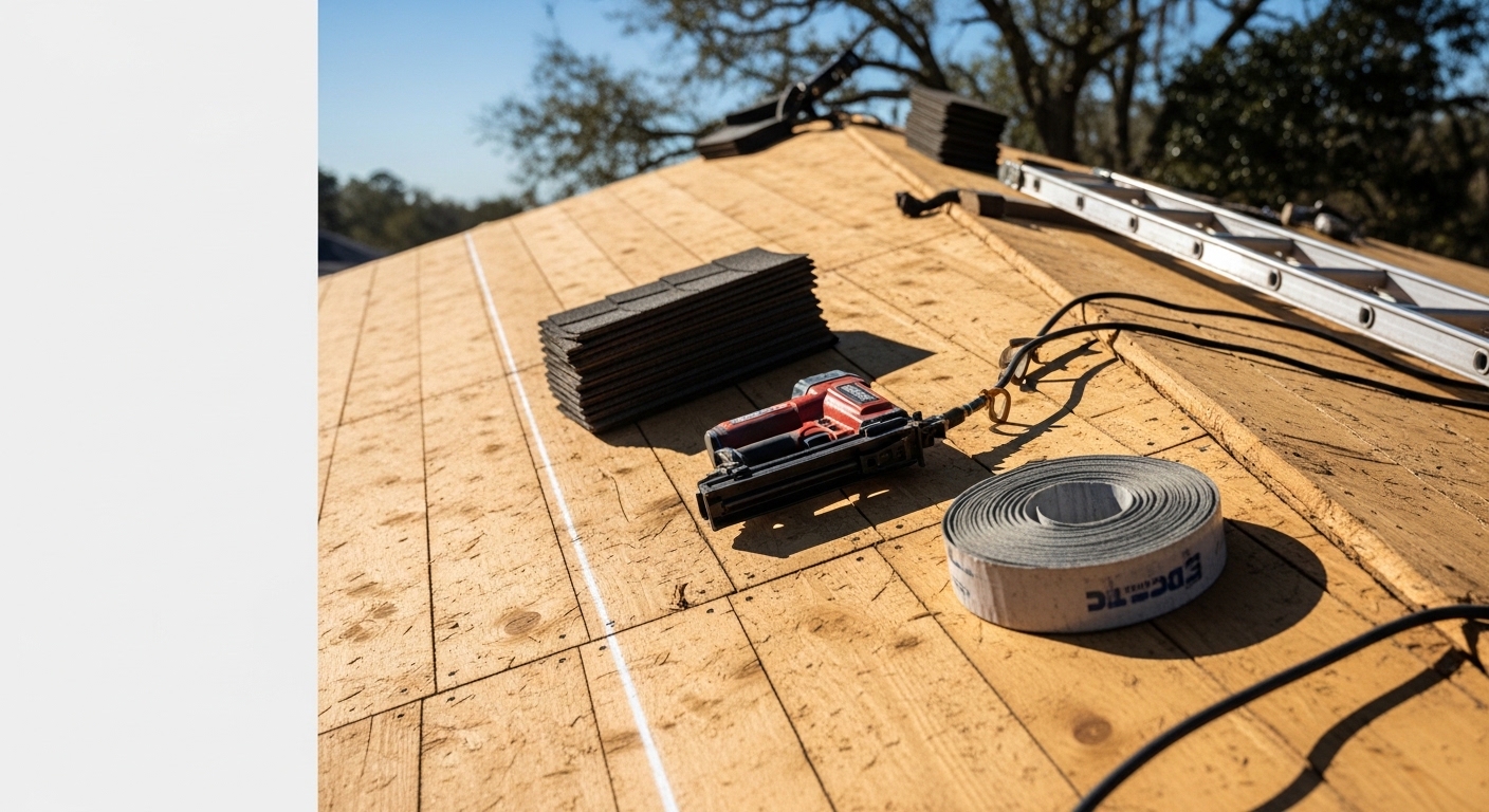 Newly installed asphalt shingle roof on a Tallahassee home with clean lines and proper flashing. Roof shows uniform color and secure fastening designed for Florida wind and rain.