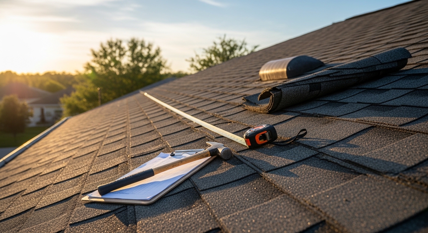 Roofing contractor inspecting shingles and flashing on a residential home in Tallahassee, documenting condition for a detailed written estimate.