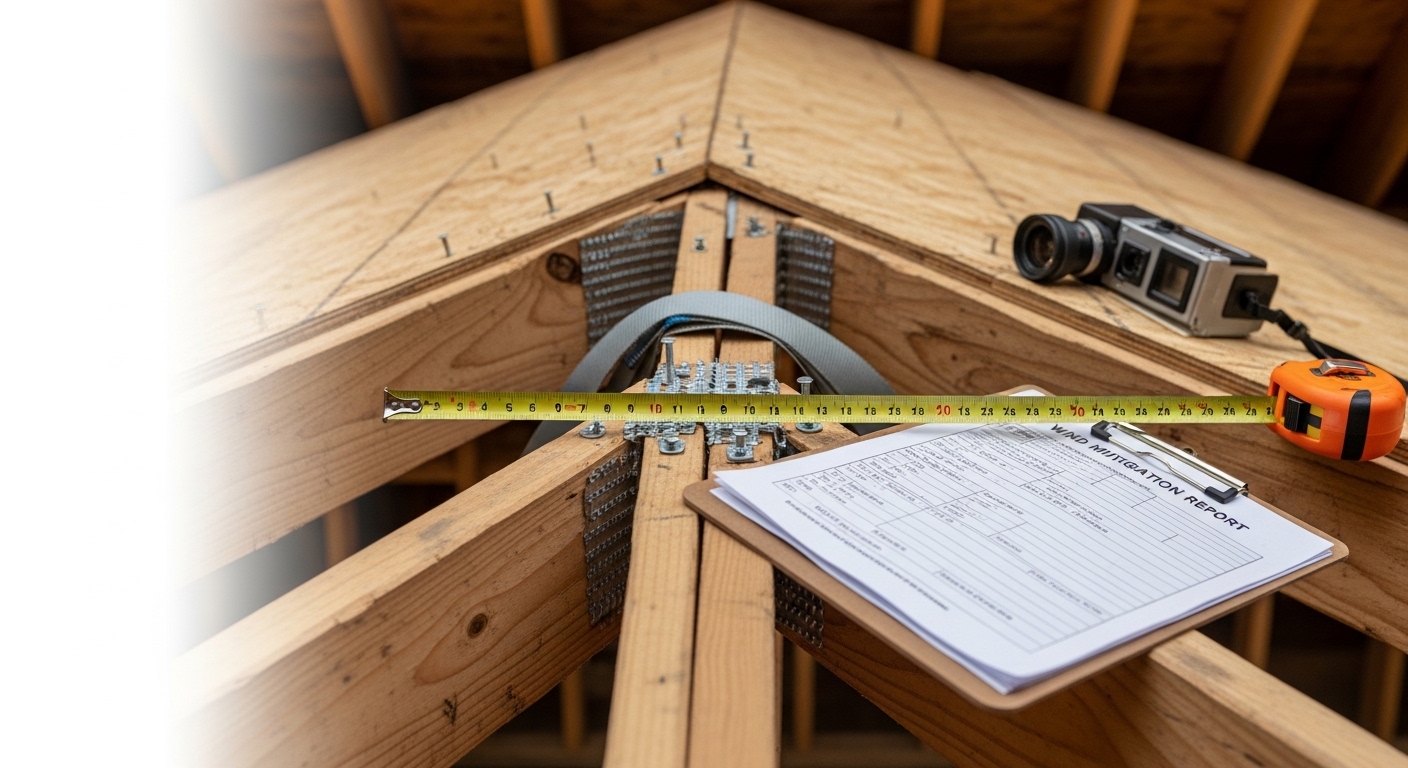 Certified inspector examining roof-to-wall connections and hurricane straps in a Tallahassee attic during a wind mitigation inspection. Documentation includes measurements and photos of roof deck attachment and structural features.